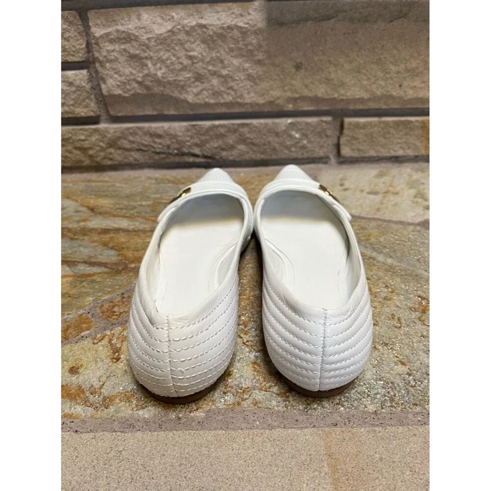 Tory Burch pointed-toe Stiched Gold Tone Logo flats white leather size 8